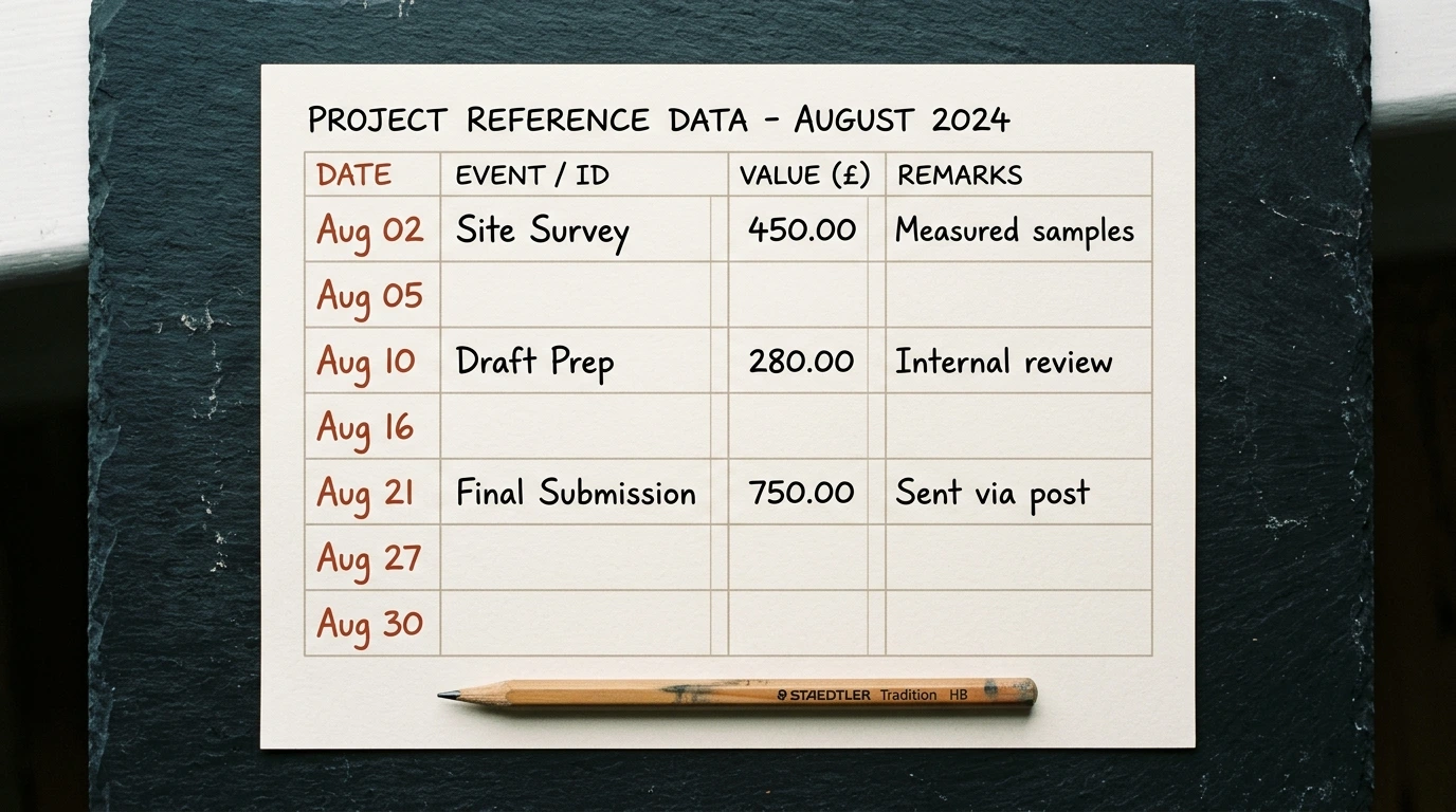 Tableau de relevé des structures, chaque ligne portant sa date de vérification