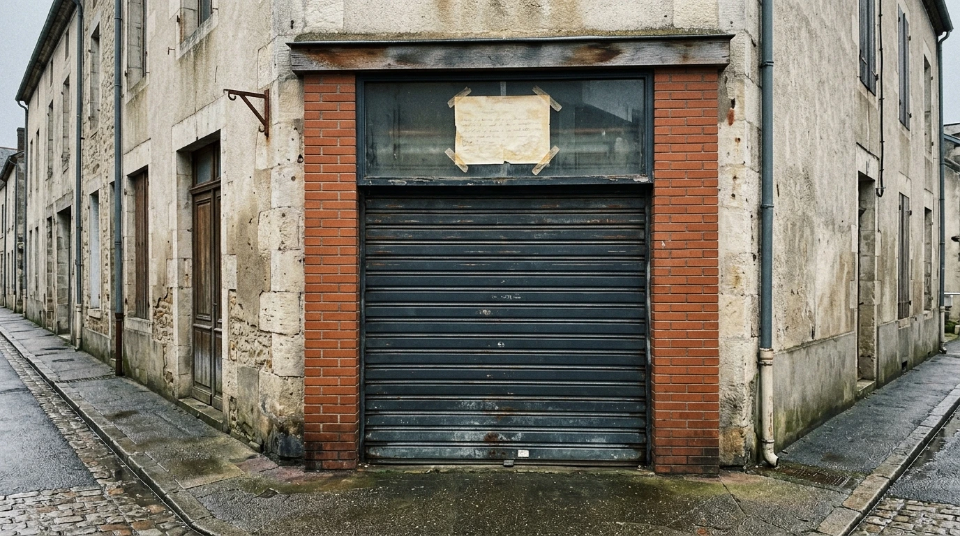 Porte d’un local commercial fermé, volet baissé, dans une rue de Nevers