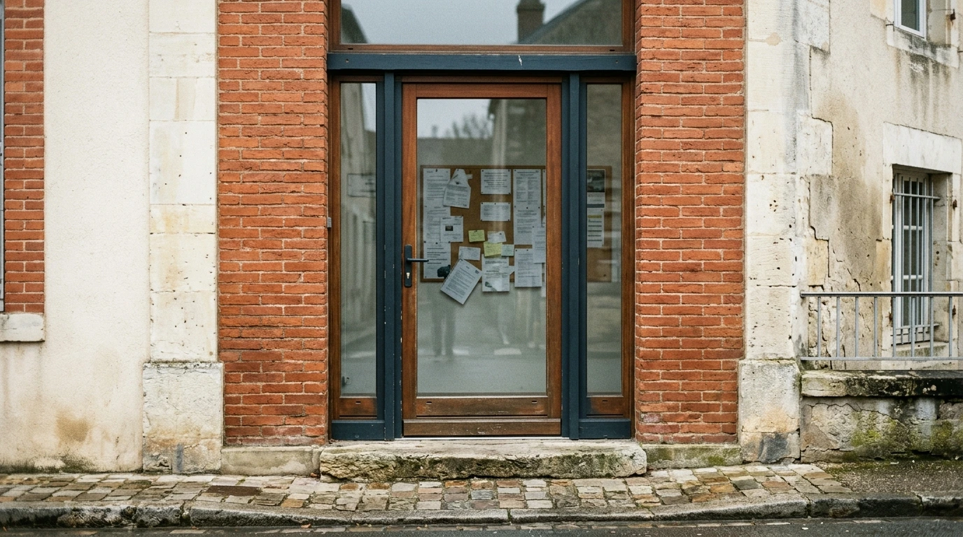 Entrée d’un équipement public de quartier, porte vitrée et panneau d’affichage