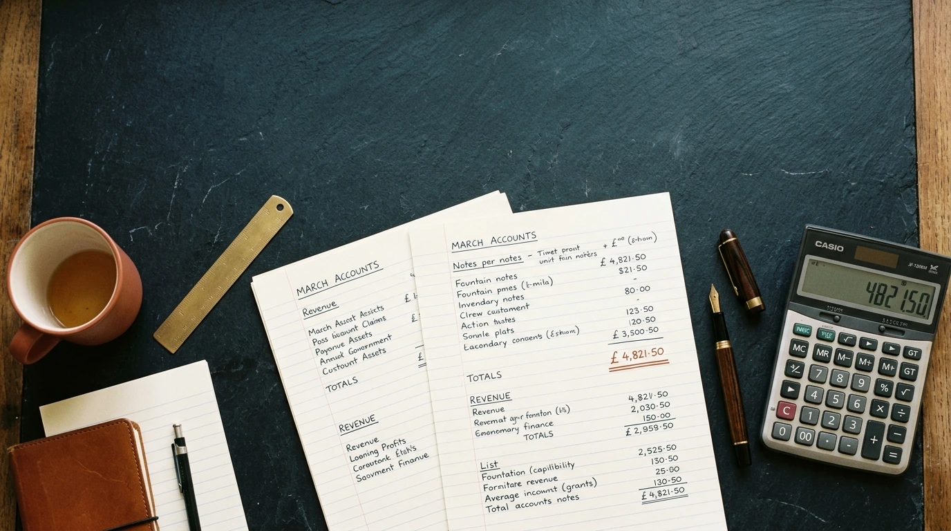 Bureau de travail avec documents de barème et calculatrice, lumière du matin