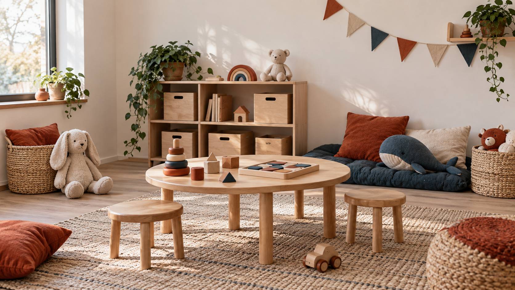 Coin d'activités avec puzzles en bois et boîtes de rangement unies