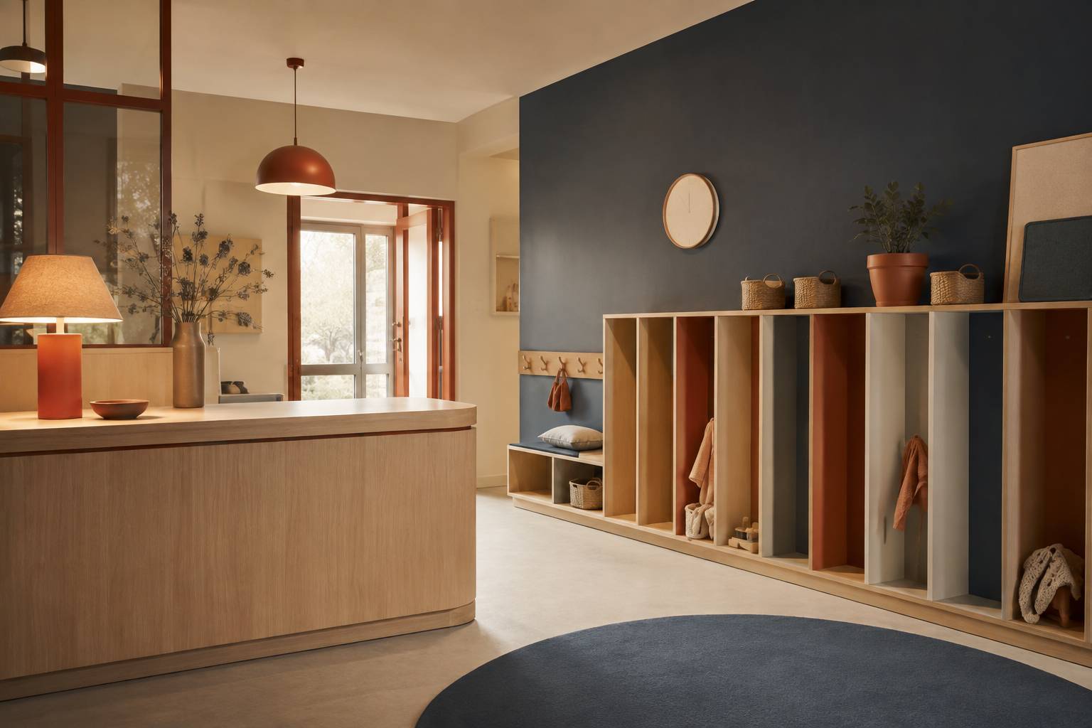 Hall d'accueil de crèche avec casiers individuels et lumière matinale avant l'arrivée des enfants