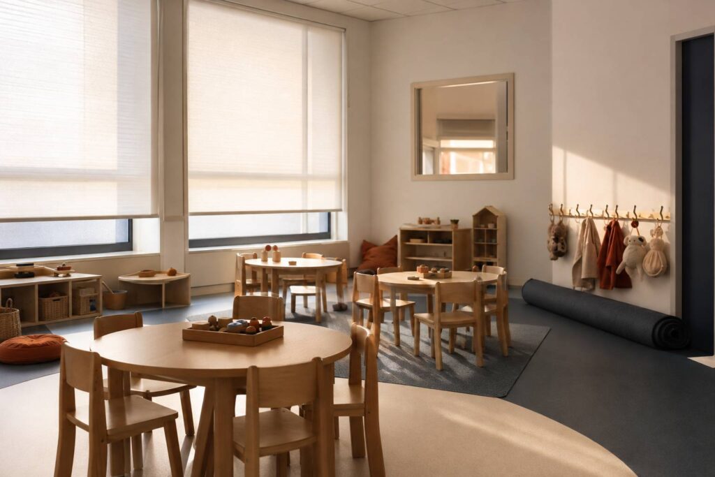 Salle d'éveil de crèche vide au petit matin avec chaises miniatures et doudous aux patères