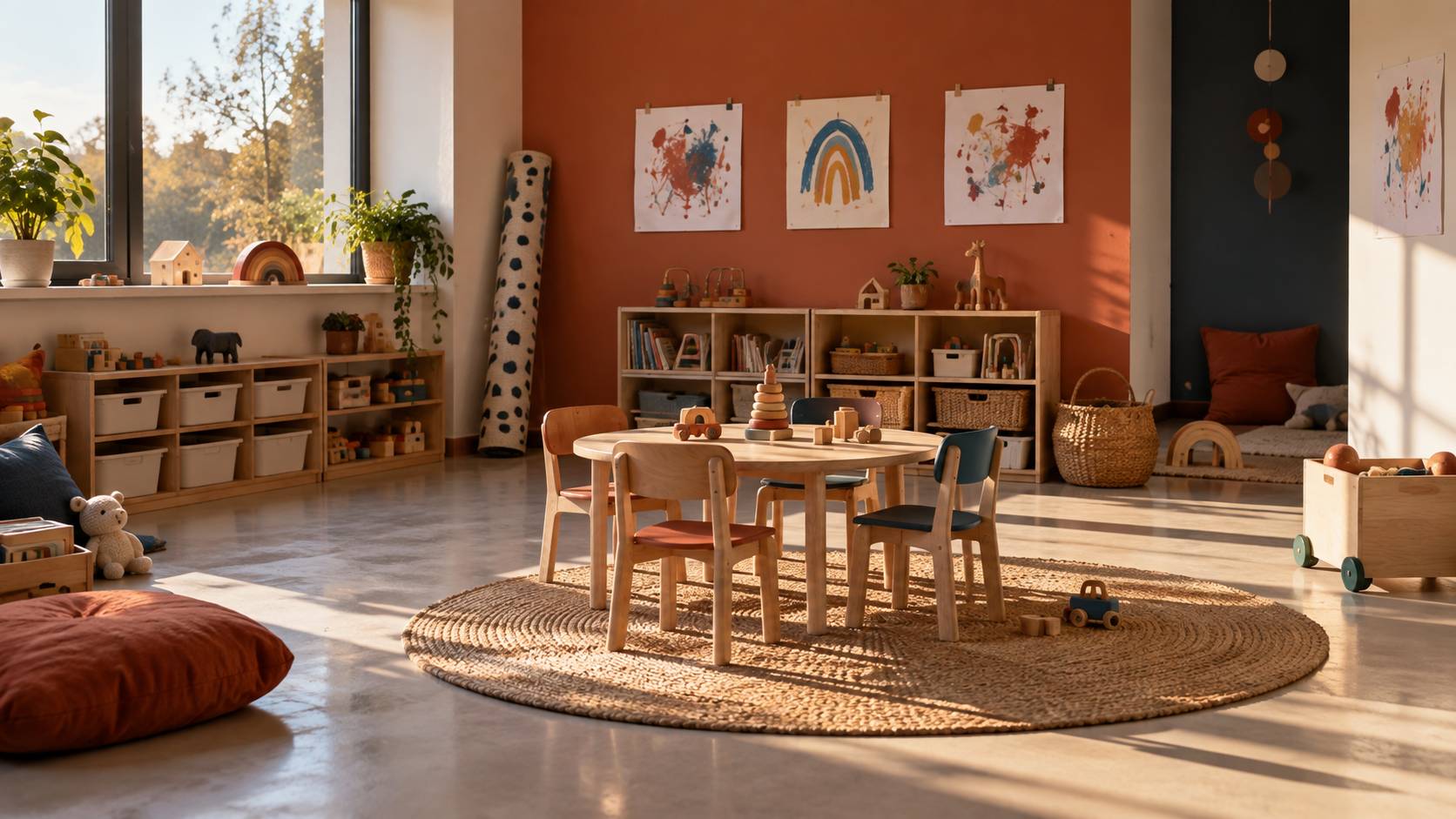Salle de jeux de crèche calme en soirée avec rangements en bois et tapis d'éveil